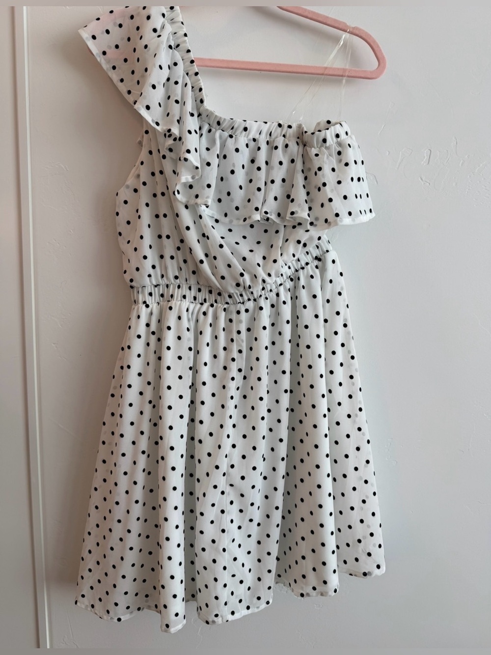 Chic Soul 1X White Black Polka Dot One Shoulder Ruffle Dress Plus Size